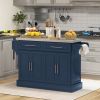 Rollable Kitchen Island with Stainless Steel Top, 2 Drawers, Spice, Knife and Towel Rack and Cabinets, Navy Blue